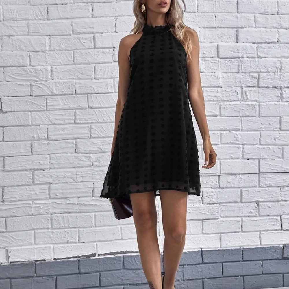Boho Black Swiss Dot Halter Mini Dress - Picture 2 of 5